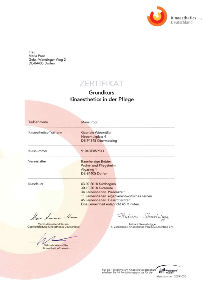 Zertifikat Kinestaetics Grundkurs